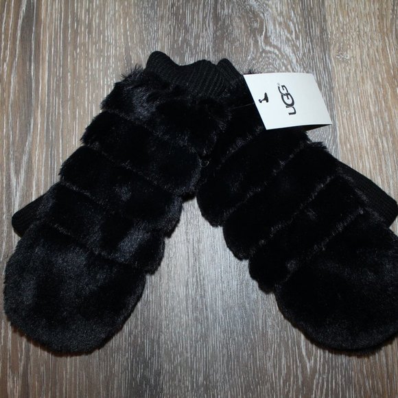 NWT‎ WOMEN'S FUR AND FUR LINED MITTENS BLACK - Picture 1 of 5